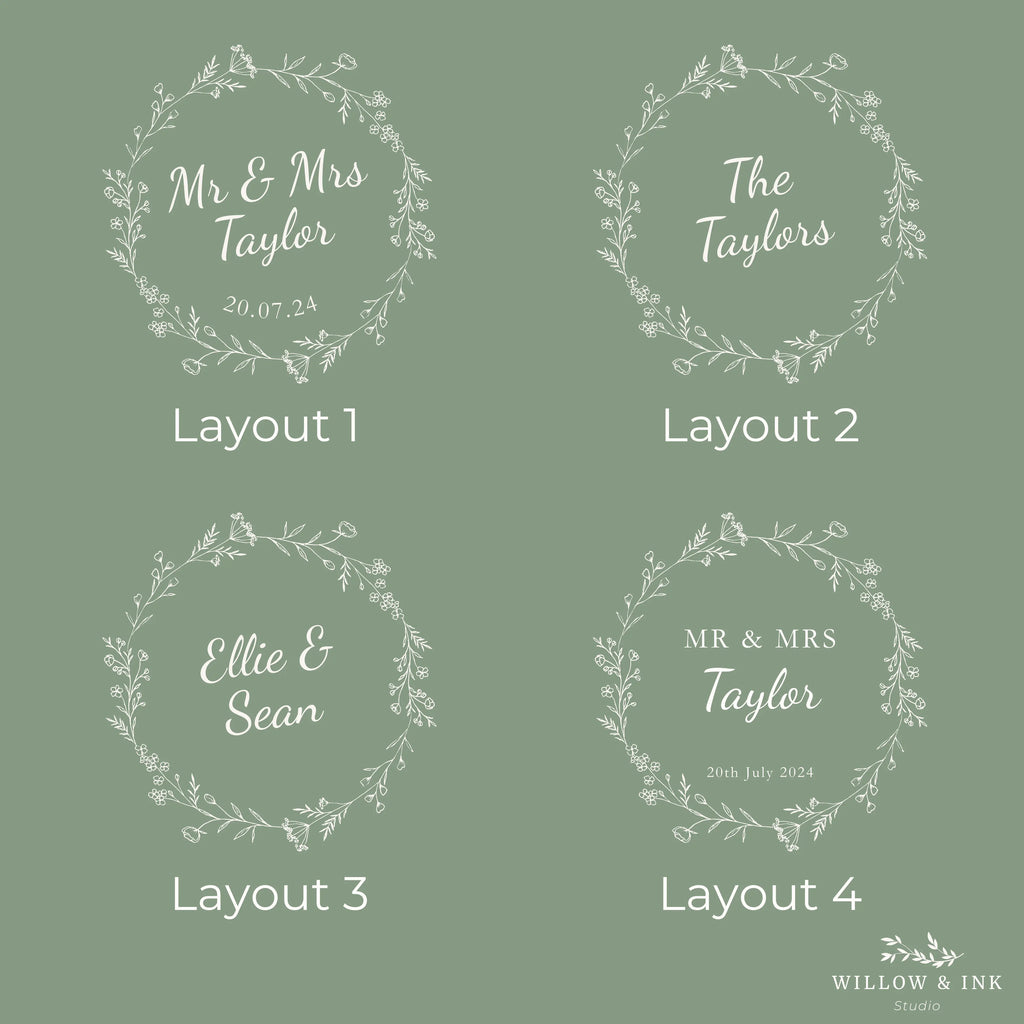 Four circular wreath designs with personalized text on a green background, featuring the brand 'Willow & Ink'.