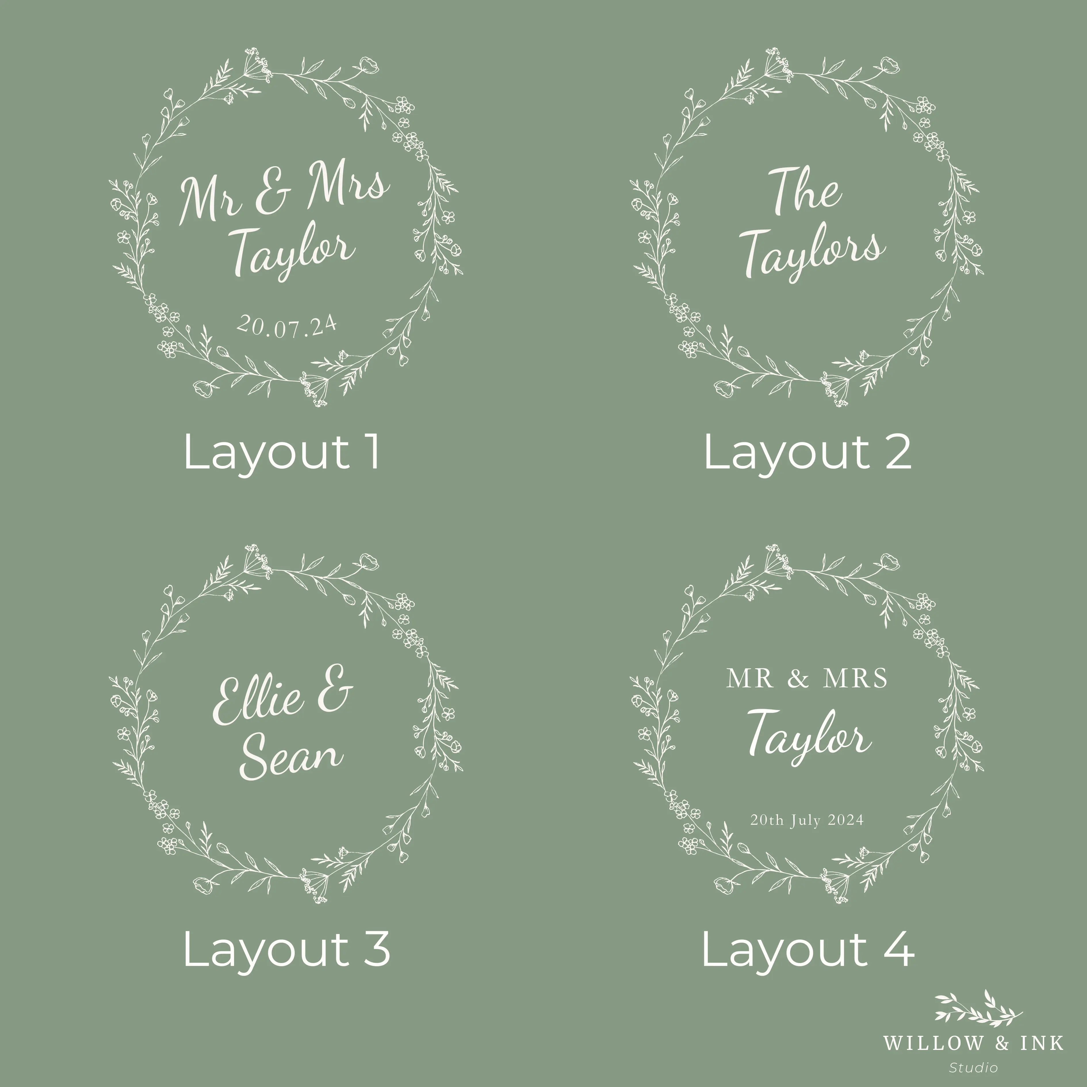 Four circular wreath designs with personalized text on a green background, featuring the brand 'Willow & Ink'.