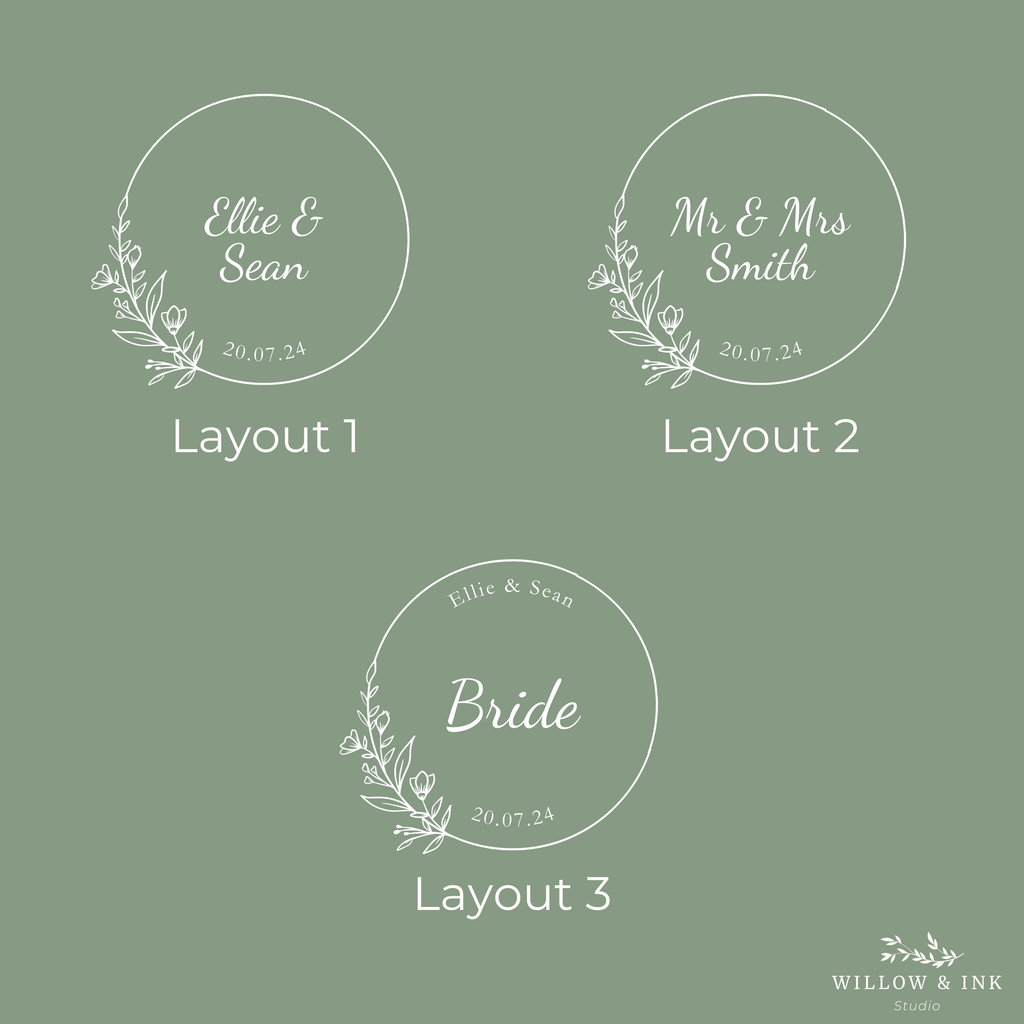 Three design layouts with names and dates on a green background, featuring the Willow & Ink Studio logo.