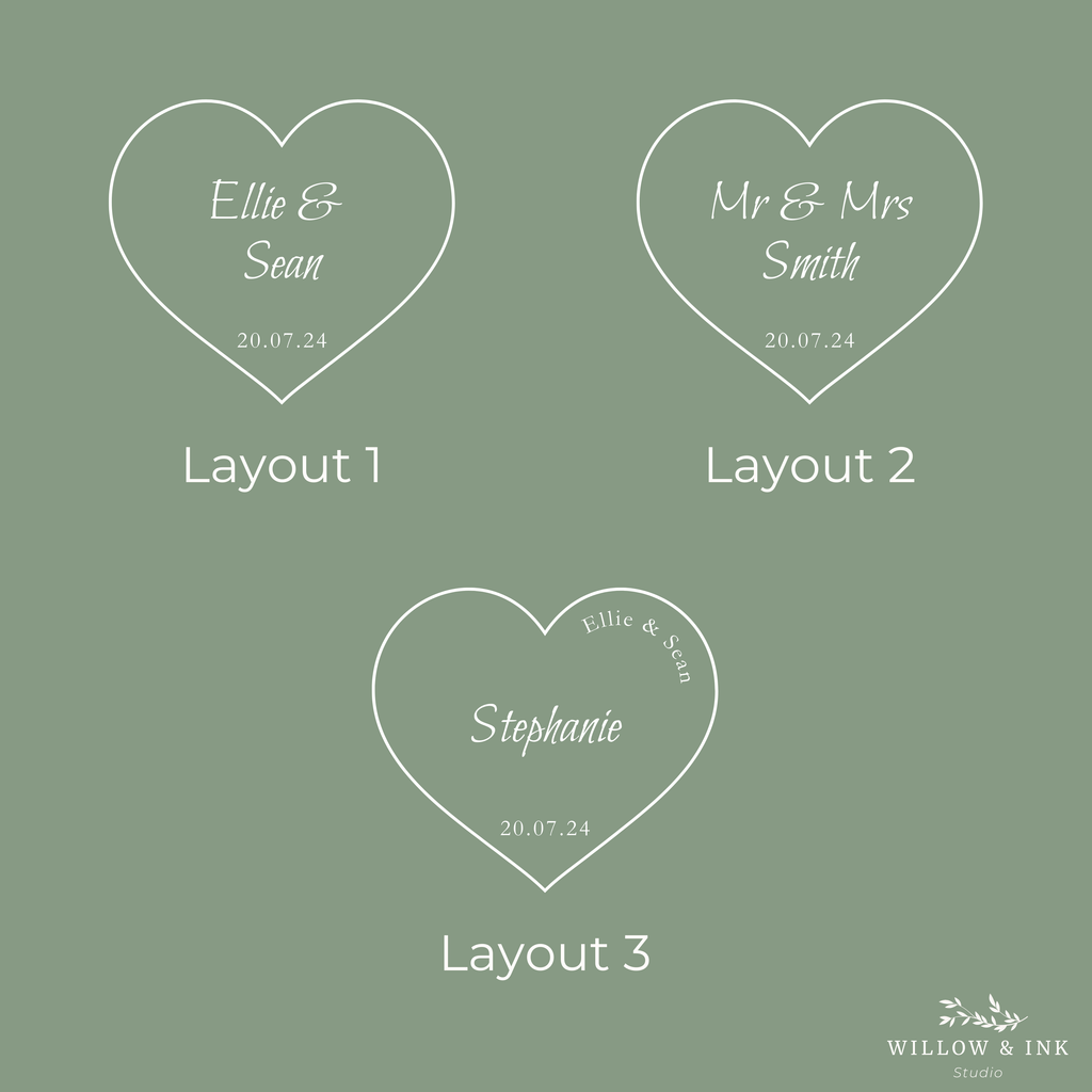 Three heart-shaped design layouts with names and dates on a green background, featuring the Willow & Ink Studio logo.