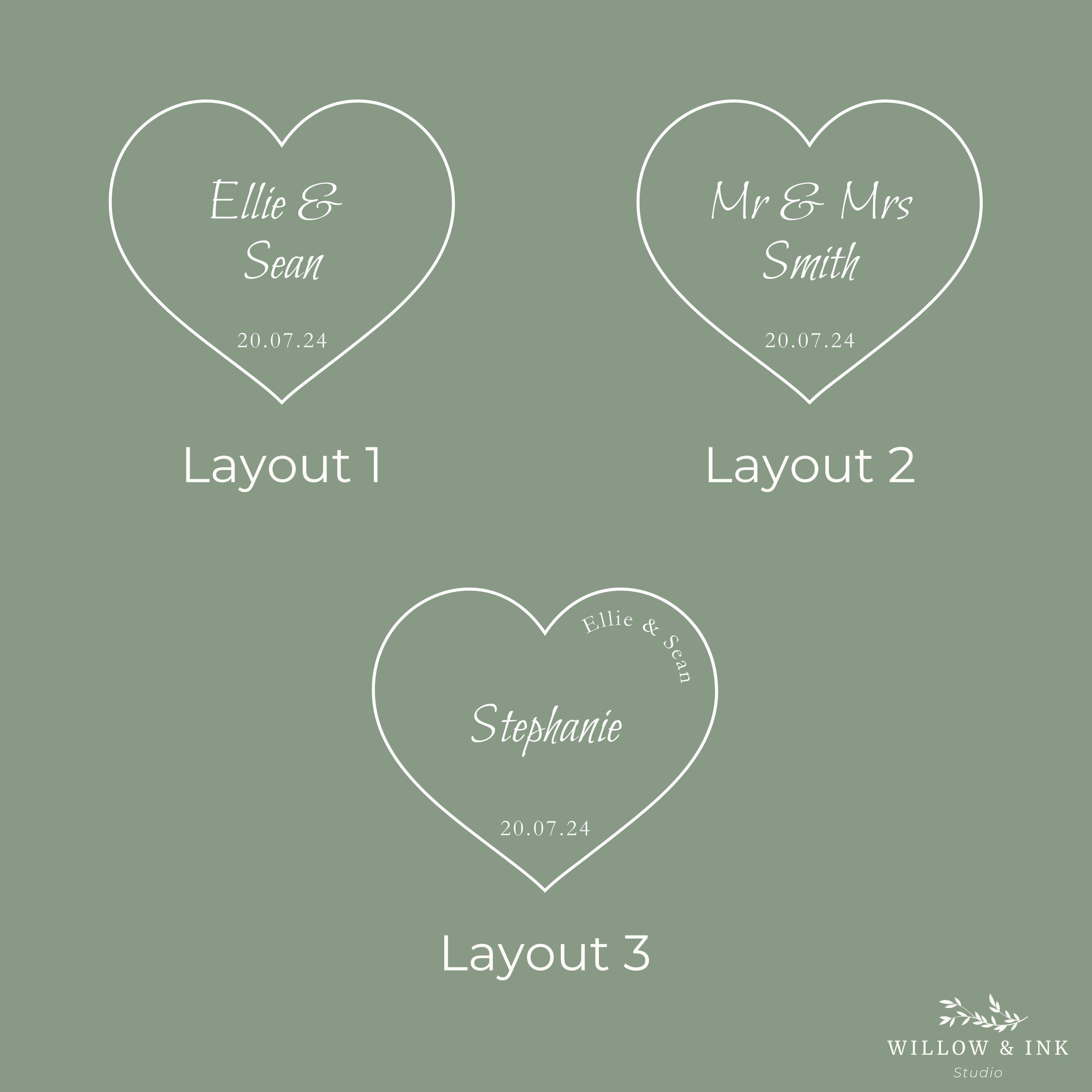 Three heart-shaped design layouts with names and dates on a green background, featuring the Willow & Ink Studio logo.