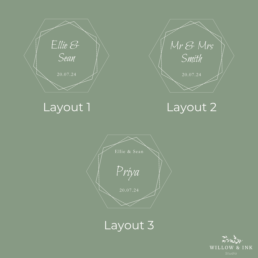 Three geometric design layouts with names and dates on a green background, featuring the Willow & Ink Studio logo.