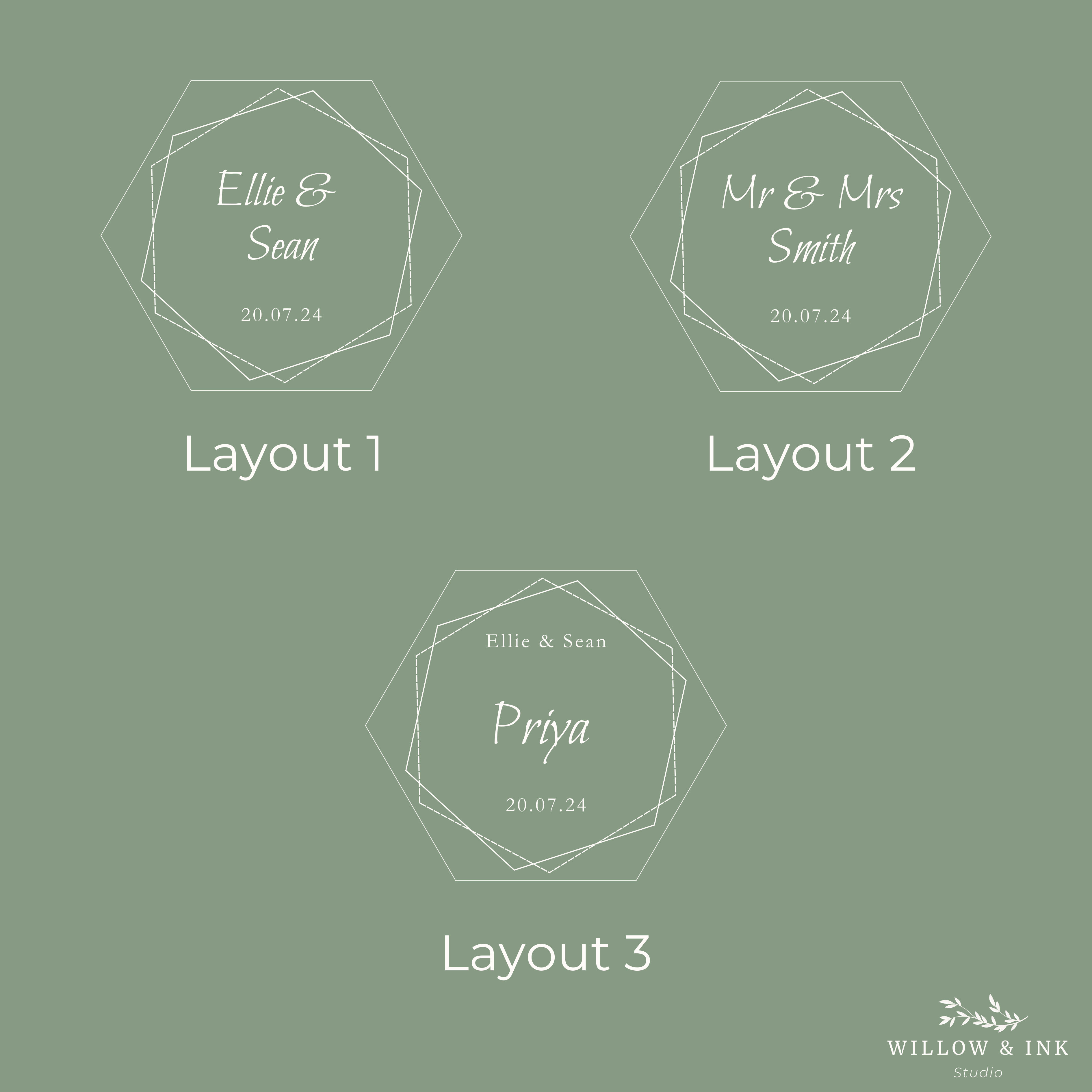 Three geometric design layouts with names and dates on a green background, featuring the Willow & Ink Studio logo.