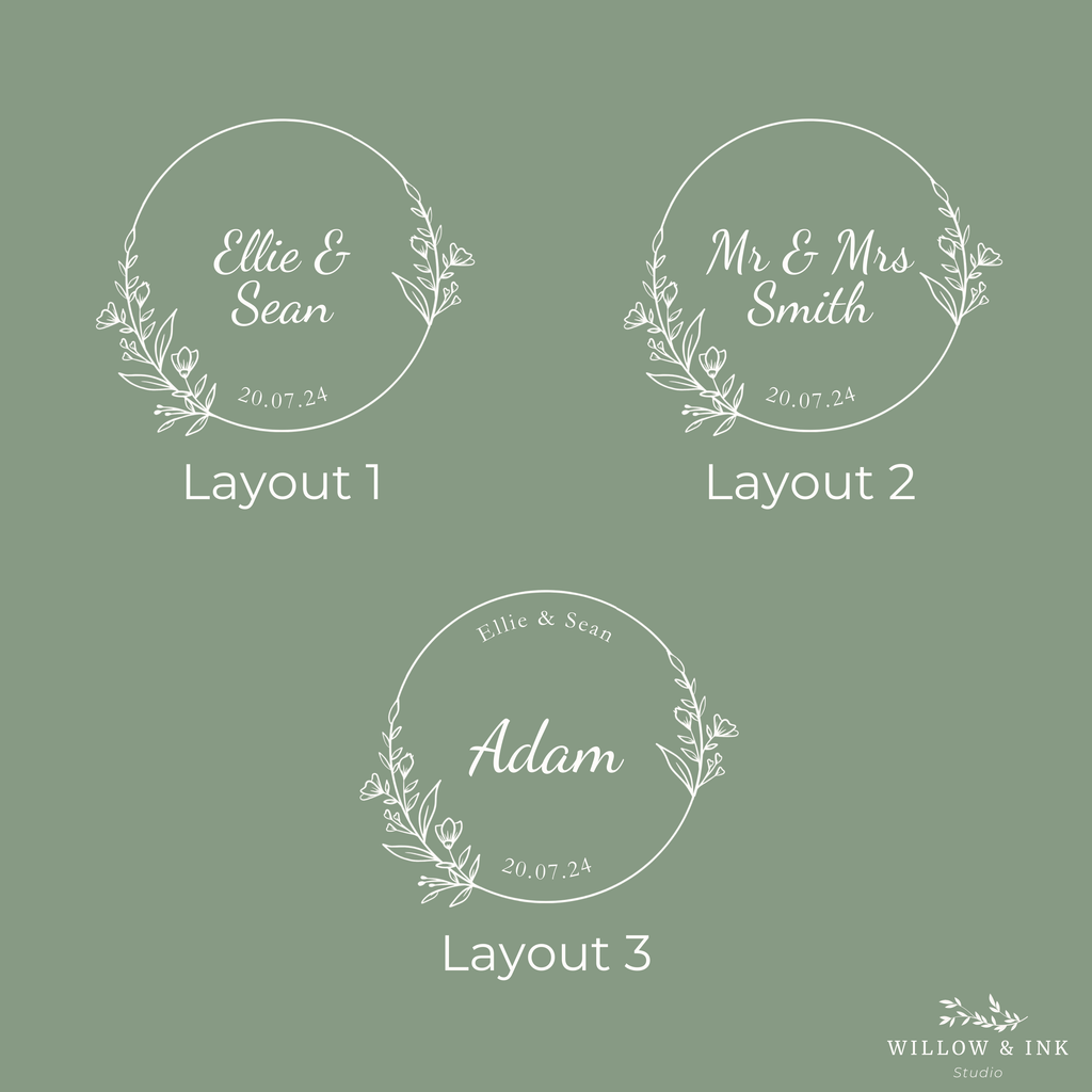 Three design layouts with names and dates on a green background, featuring the Willow & Ink Studio logo.