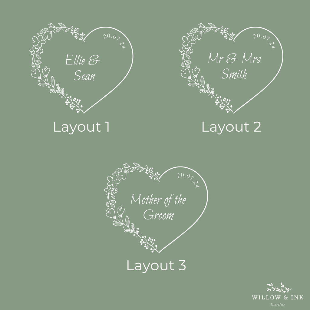 Three heart-shaped design layouts with floral wreaths on a green background, featuring text and 'Willow & Ink' branding.