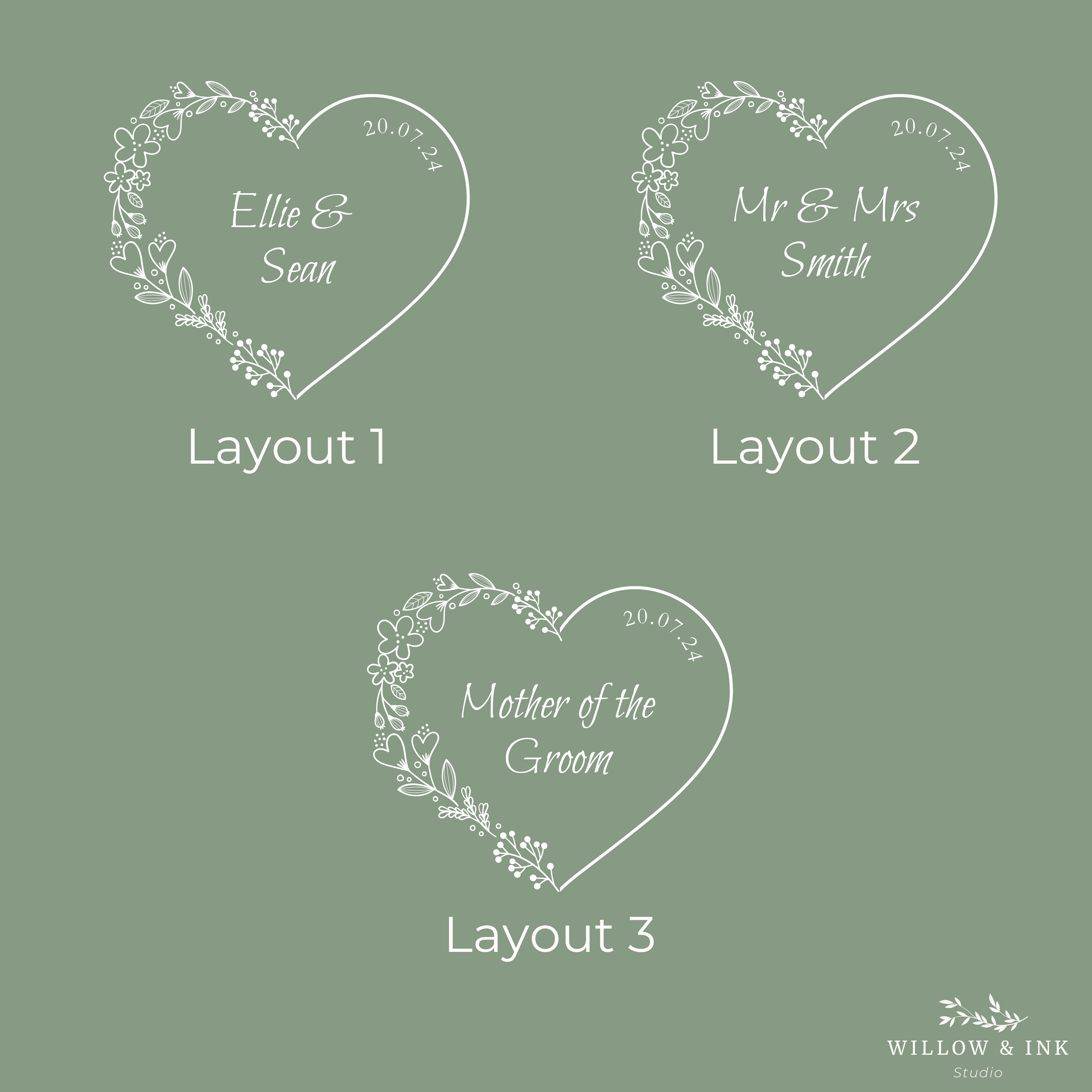 Three heart-shaped design layouts with floral wreaths on a green background, featuring text and 'Willow & Ink' branding.