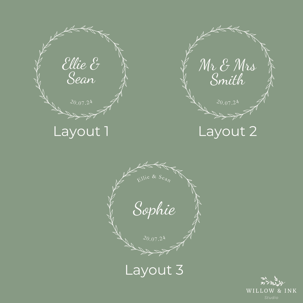 Three circular name and date layout designs on a green background with 'Willow & Ink' branding.
