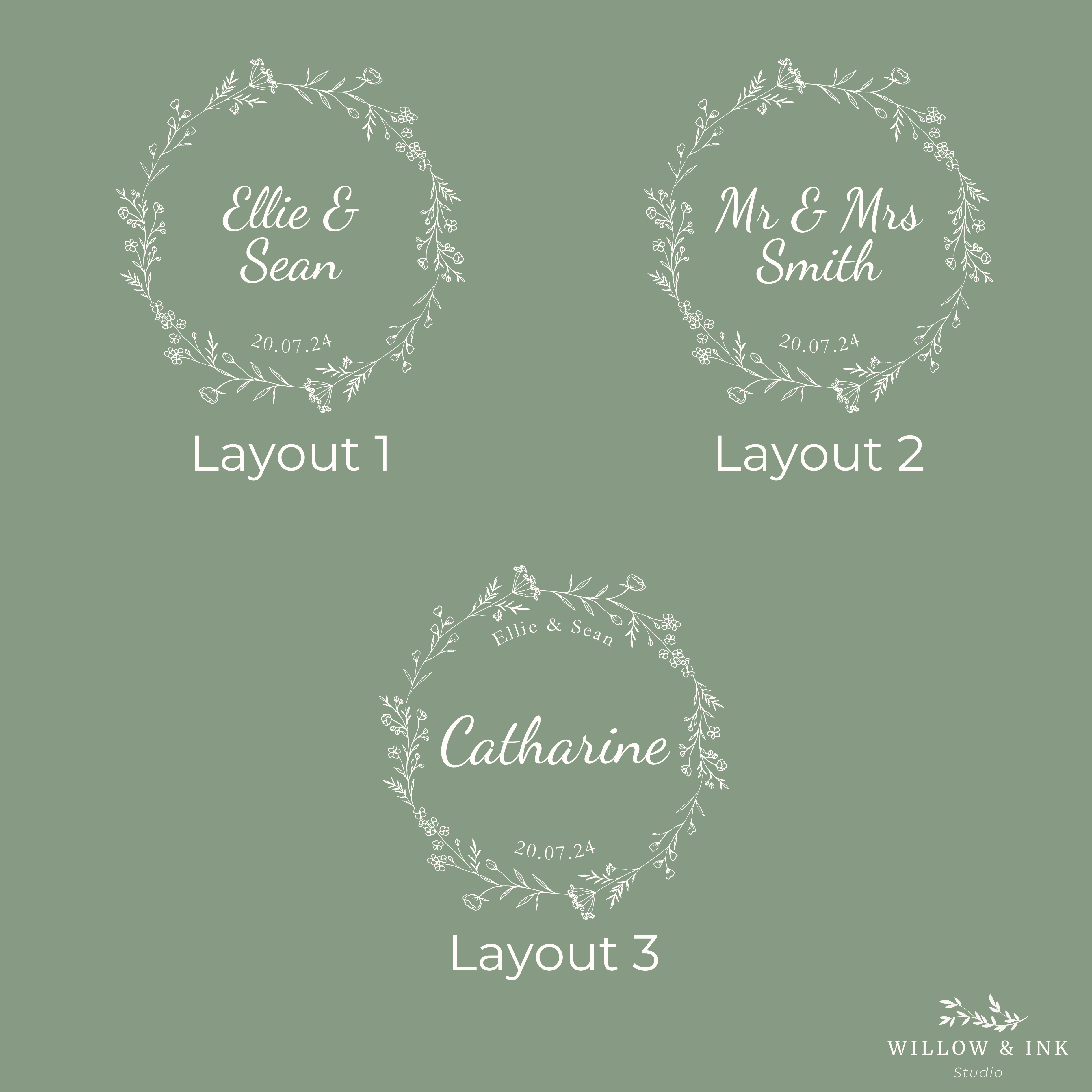 Three floral wreath designs with names and dates on a green background, featuring the Willow & Ink Studio logo.
