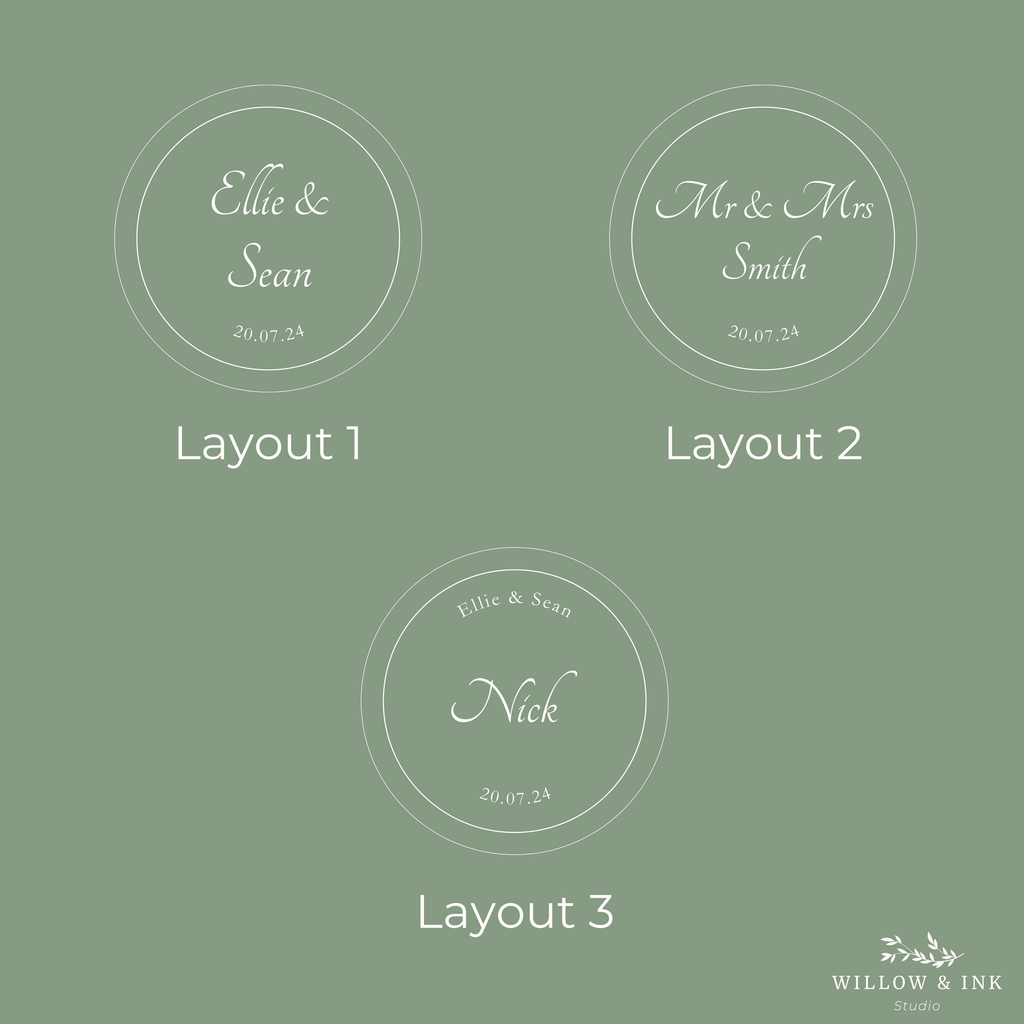 Three circular design layouts with names and dates on a green background, featuring the Willow & Ink Studio logo.