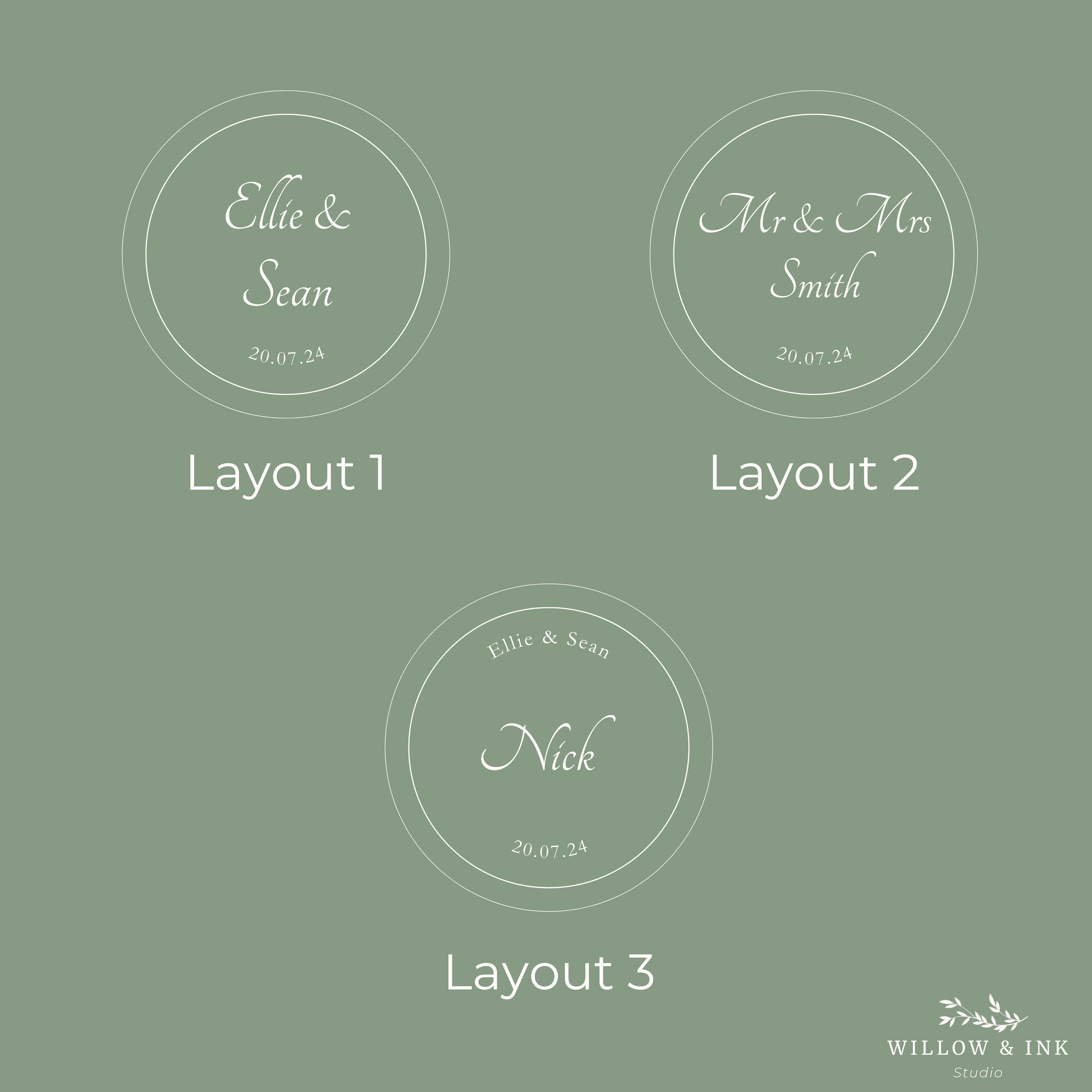 Three circular design layouts with names and dates on a green background, featuring the Willow & Ink Studio logo.